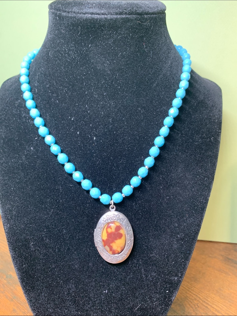Turquoise-Colored Beaded Necklace with Locket Pendant
